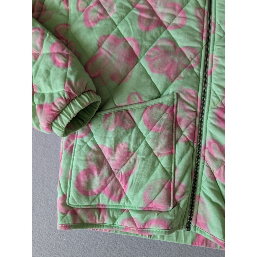 Mint Green Pink Floral Quilted Hooded Puffer Statement Jacket Zip Up Size L - Picture 9 of 11